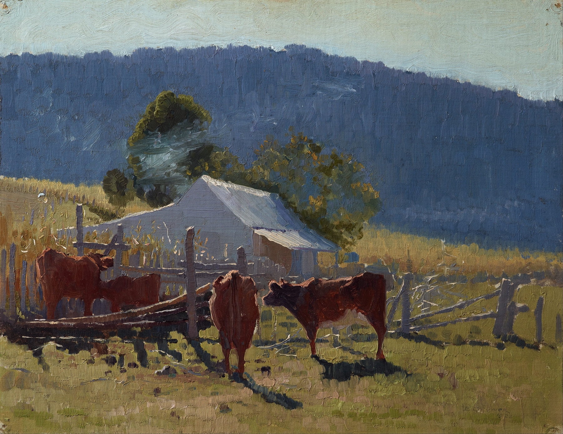 Milking Time (Araluen Valley) oil painting by Elioth Gruner depicting rural labor