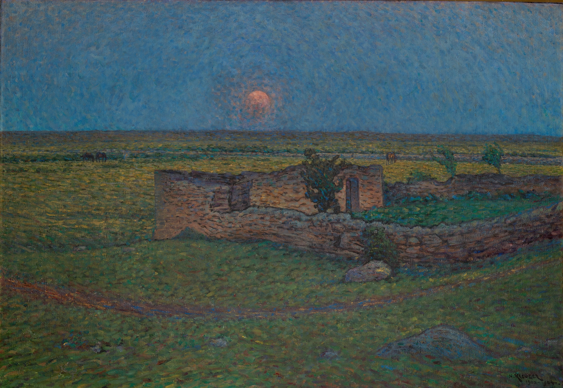 Moon Rising on Öland by Nils Kreuger, oil on canvas depicting a twilight landscape with a crescent moon.