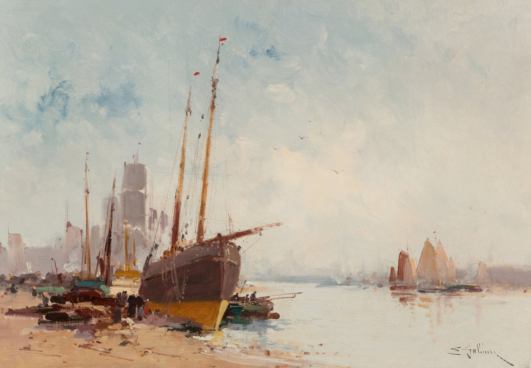 Bateaux au port by Eugène Galien-Laloue, oil on canvas depicting boats in a tranquil harbor