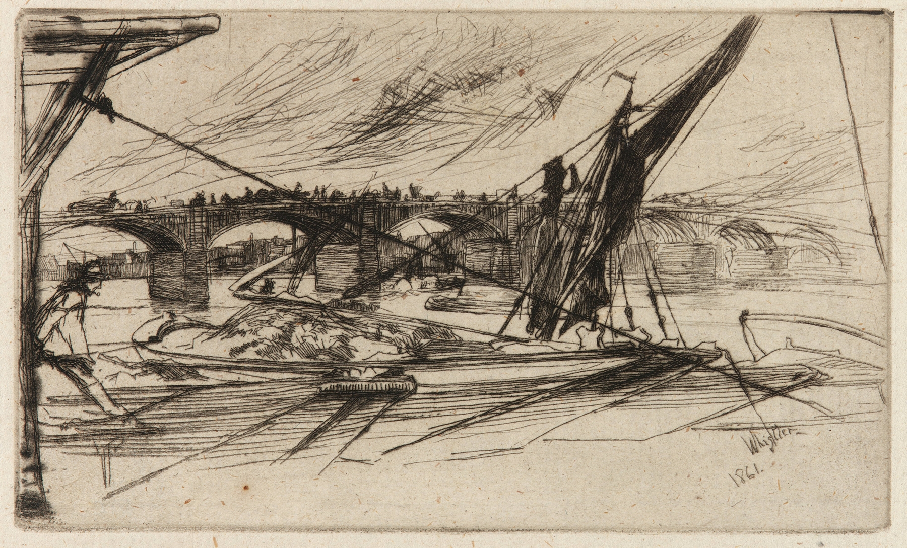Vauxhall Bridge by James Abbott McNeill Whistler, oil painting depicting bridge reflection on water