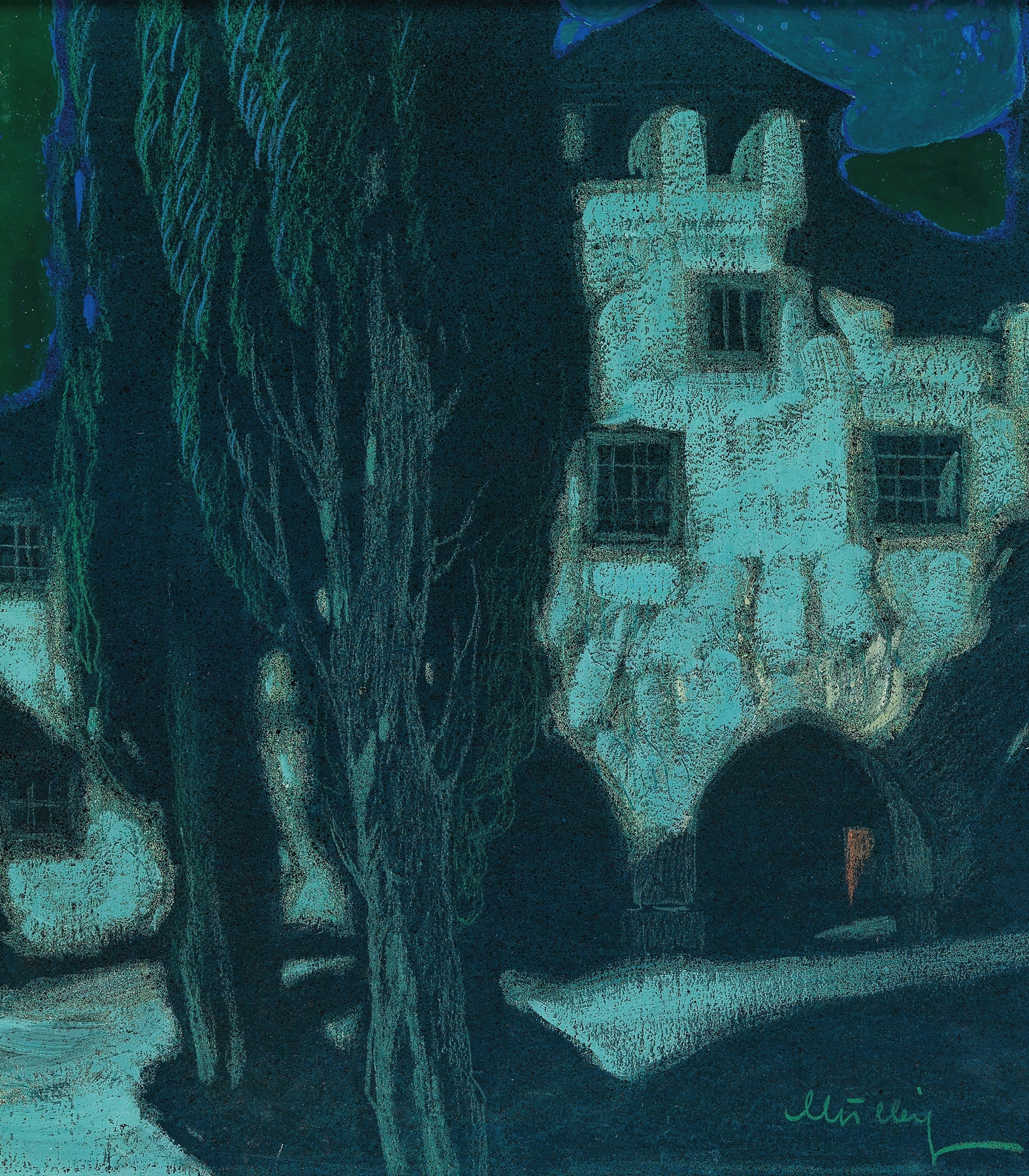 Romanticism landscape by Oskar Mulley, featuring a night scene with golden light.