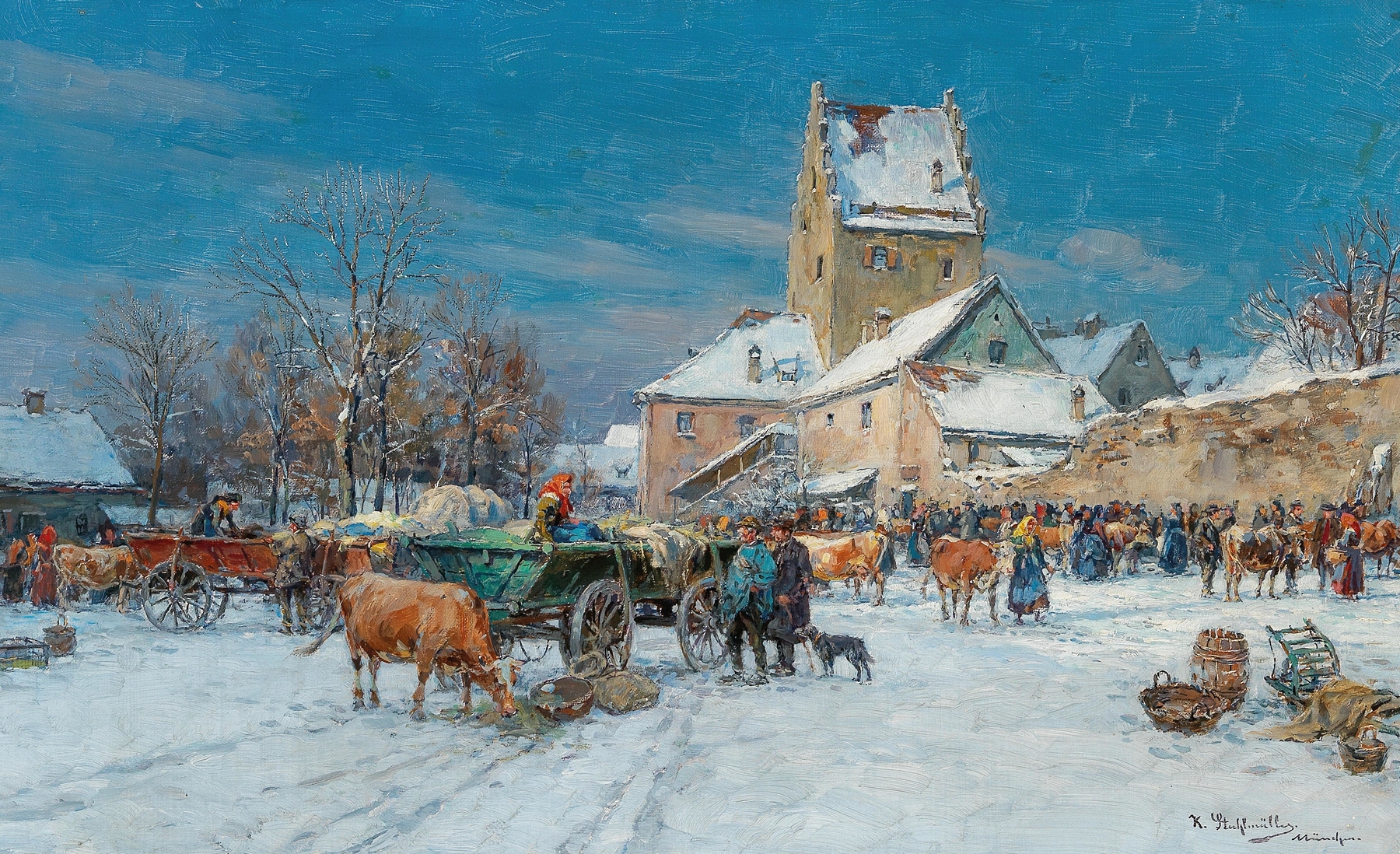A Market Scene in Winter by Karl Stuhlmüller, realism, depicting a winter market with colorful stalls.