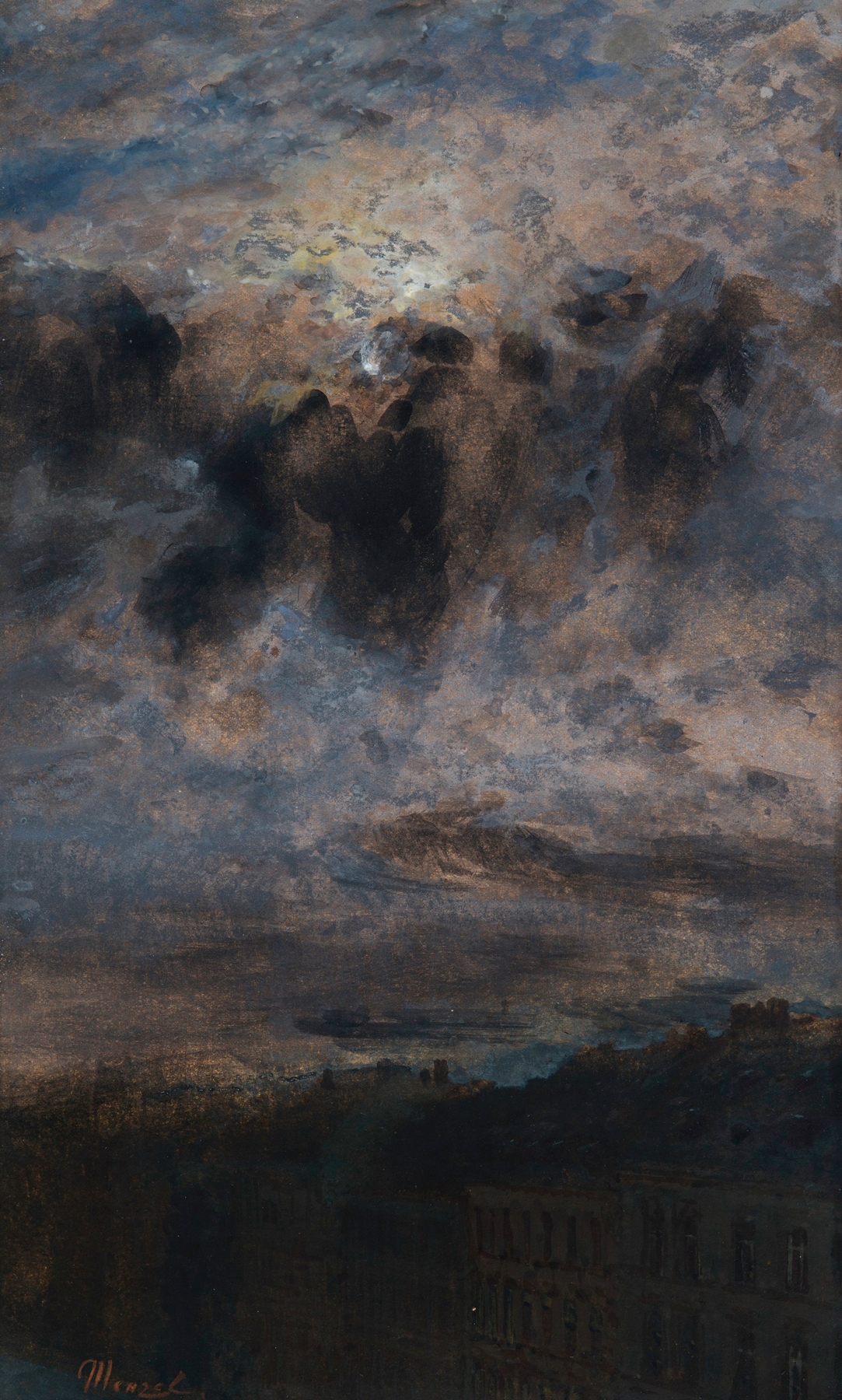 Moonlight landscape featuring rooftops in twilight by Adolph von Menzel, oil painting