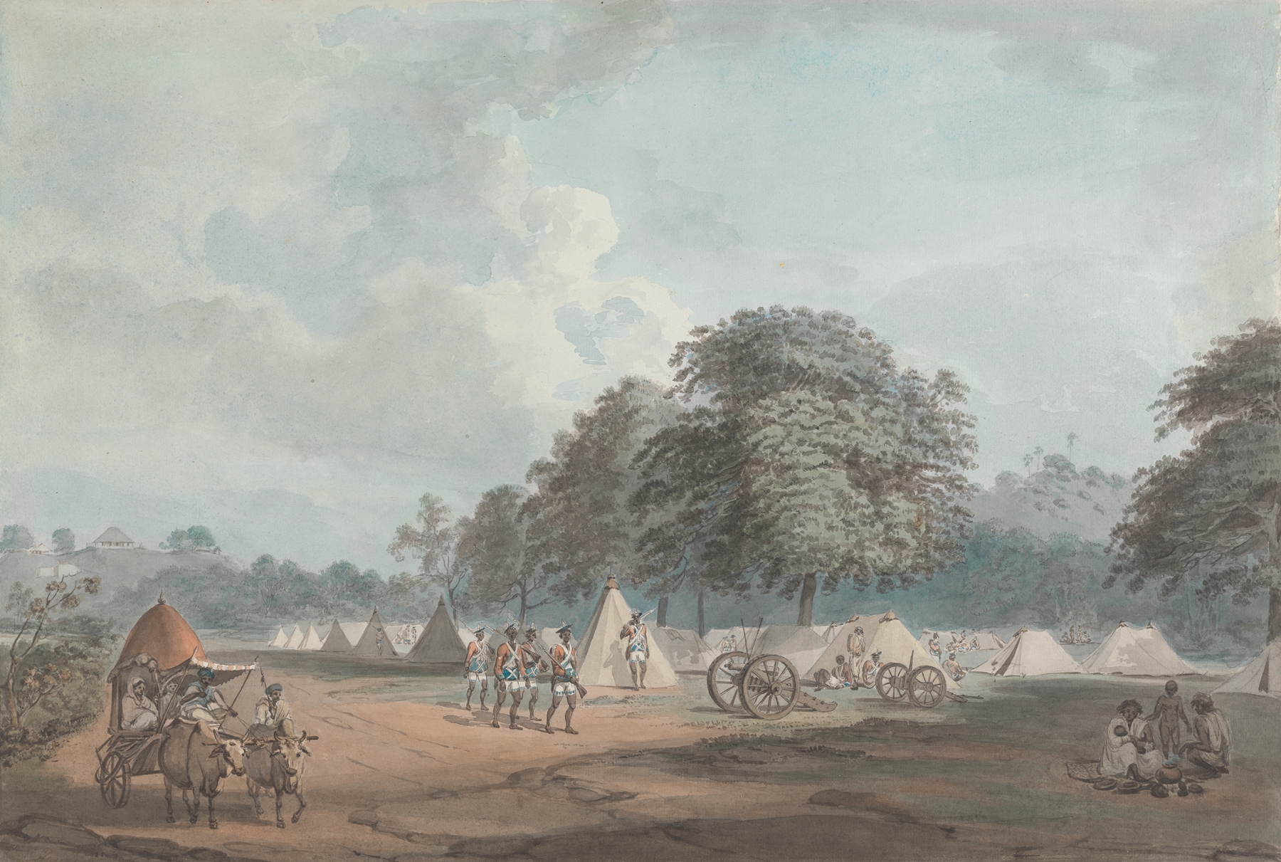 The Hur Rangers Encamped at Colgong, oil on canvas by Samuel Davis, depicting rangers in twilight.