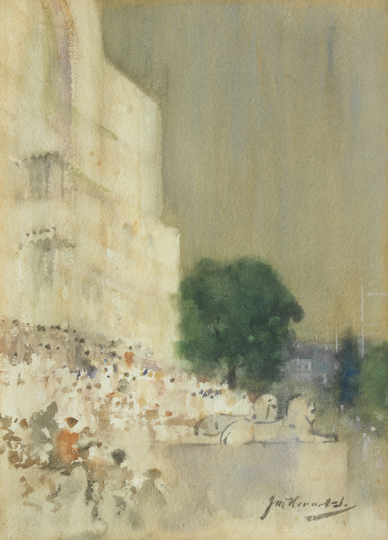 Genre scene depicting crowds and recumbent lion statues by James Watterston Herald