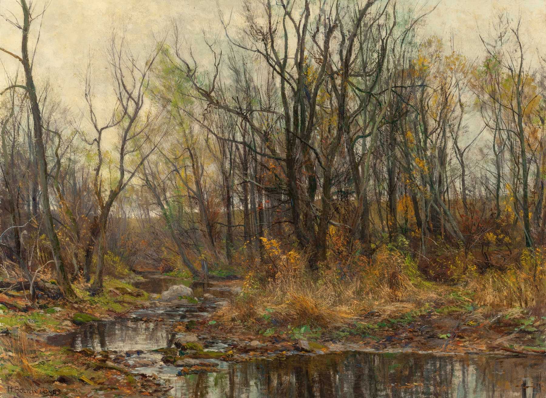 A Berkshire Brook in Autumn by Hugh Bolton Jones, oil on canvas depicting a brook with autumn foliage.