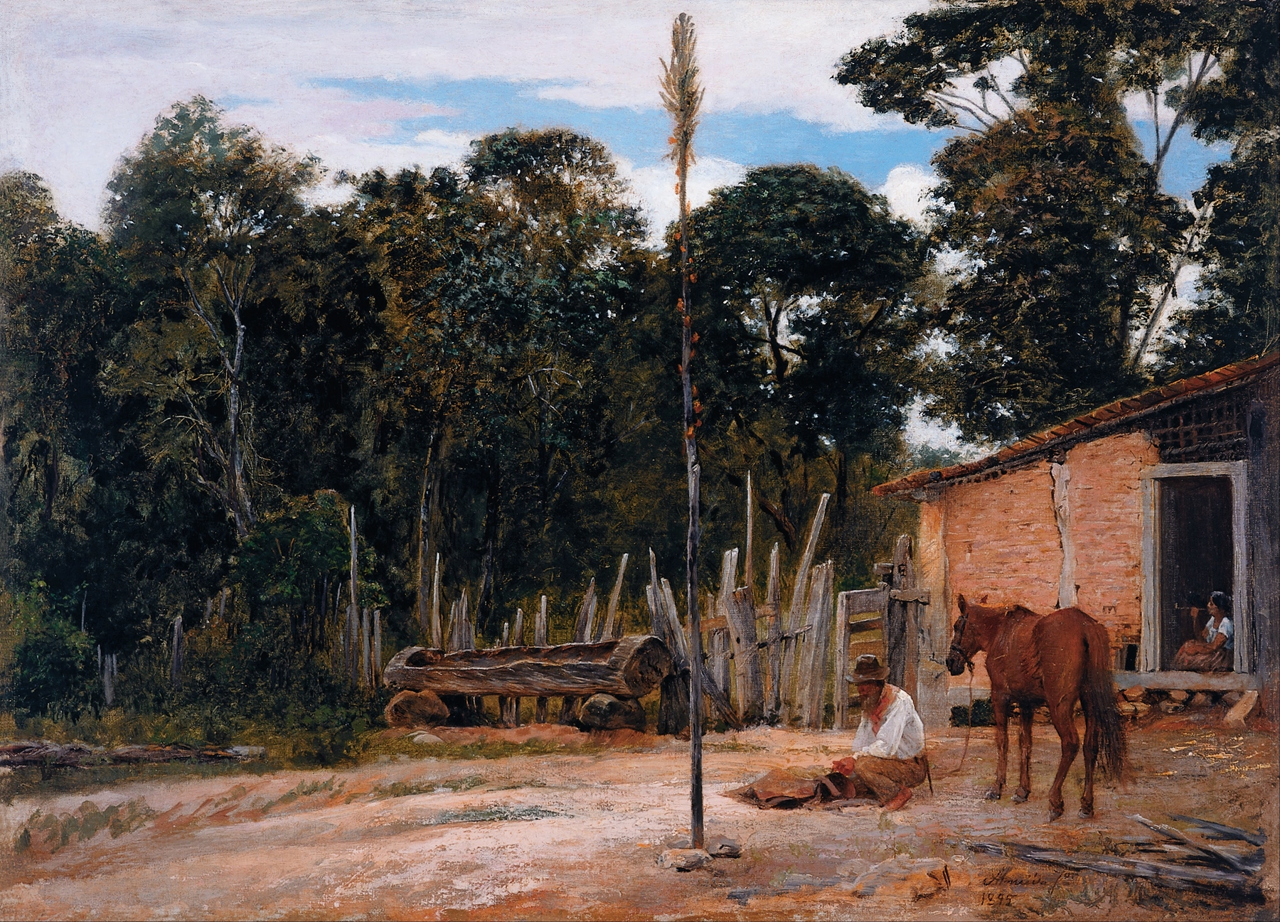 Figurative scene of a horseman tightening a saddle, oil painting by Almeida Júnior