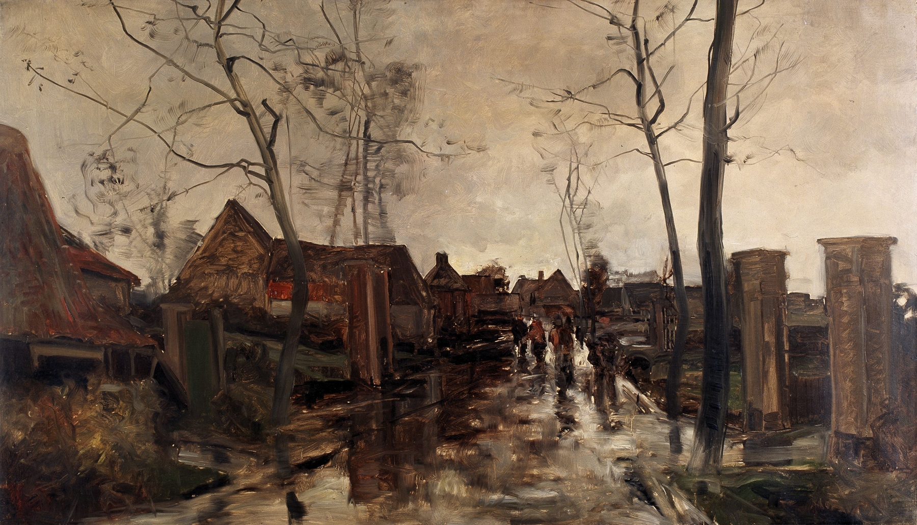 Village Street in the Rain by Gustave Den Duyts, oil on canvas showing a rain-soaked street.
