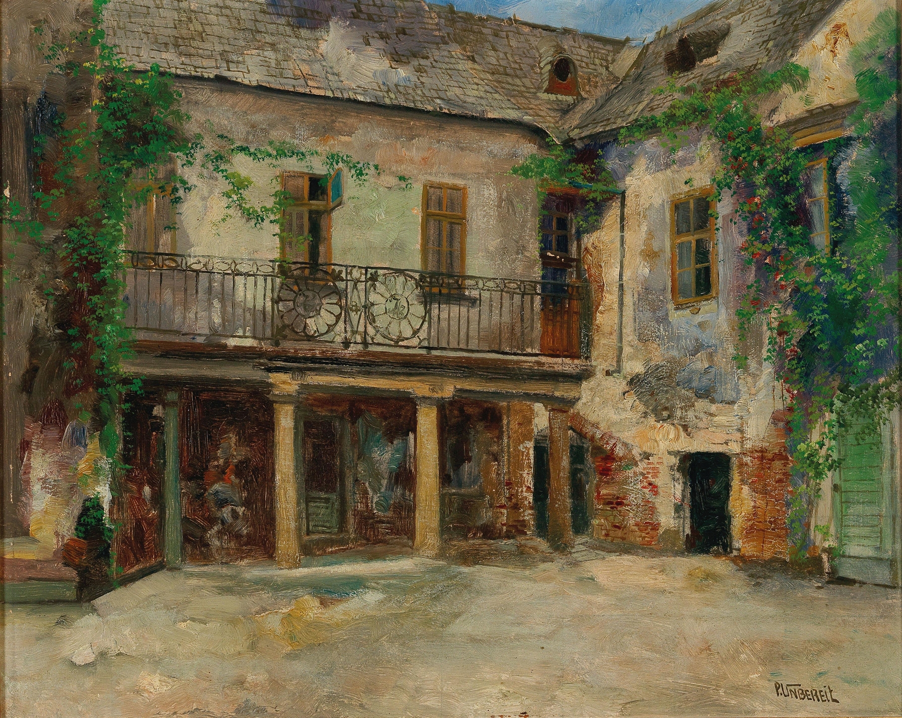 Interior oil painting by Paul Unbereit depicting a courtyard with sunlight and shadows.