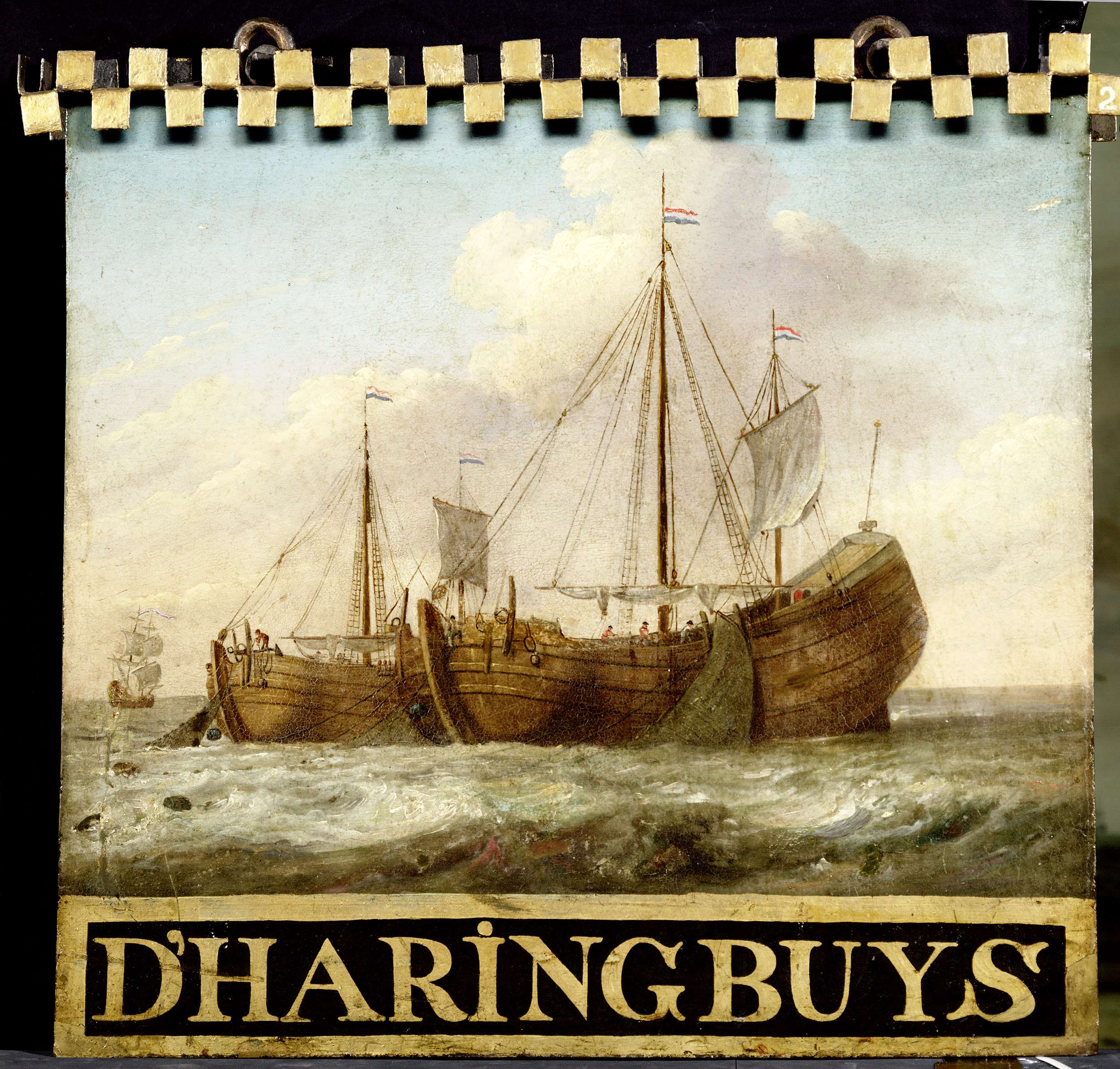 metal sign depicting herring boats on both sides by Unknown Artist