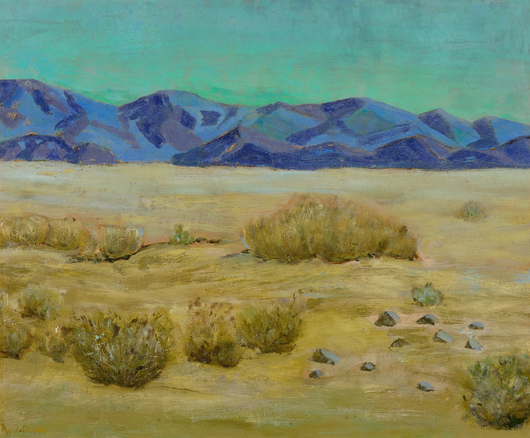 Desert Scene with Mountains by Arthur Wesley Dow, oil painting of a desert landscape.