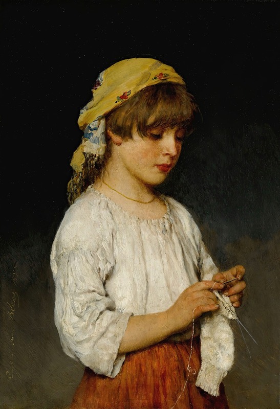 A young girl knitting, showcasing her skill and concentration.