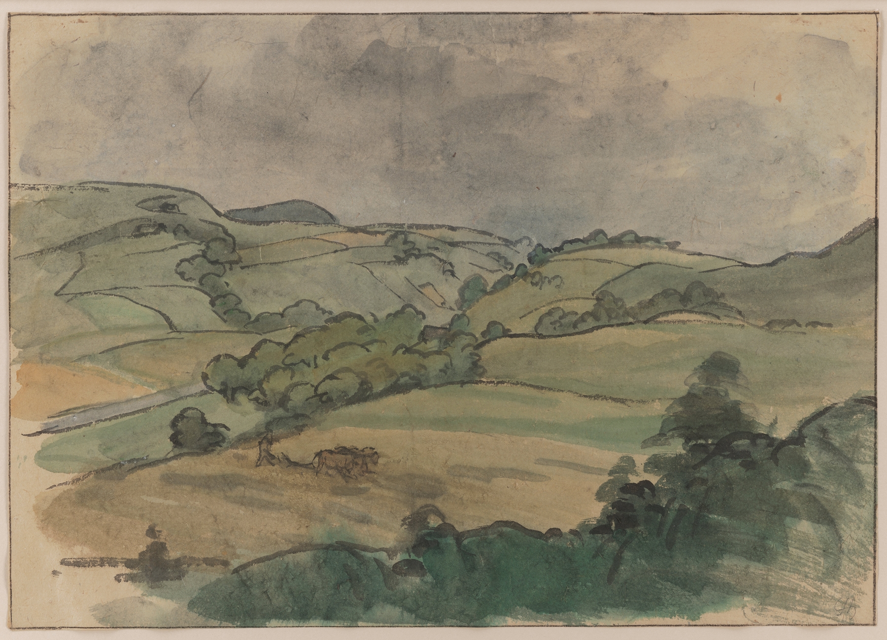 Landscape I; Puy-de-Dôme, oil on canvas by Jules Chadel depicting serene hills and vibrant colors.