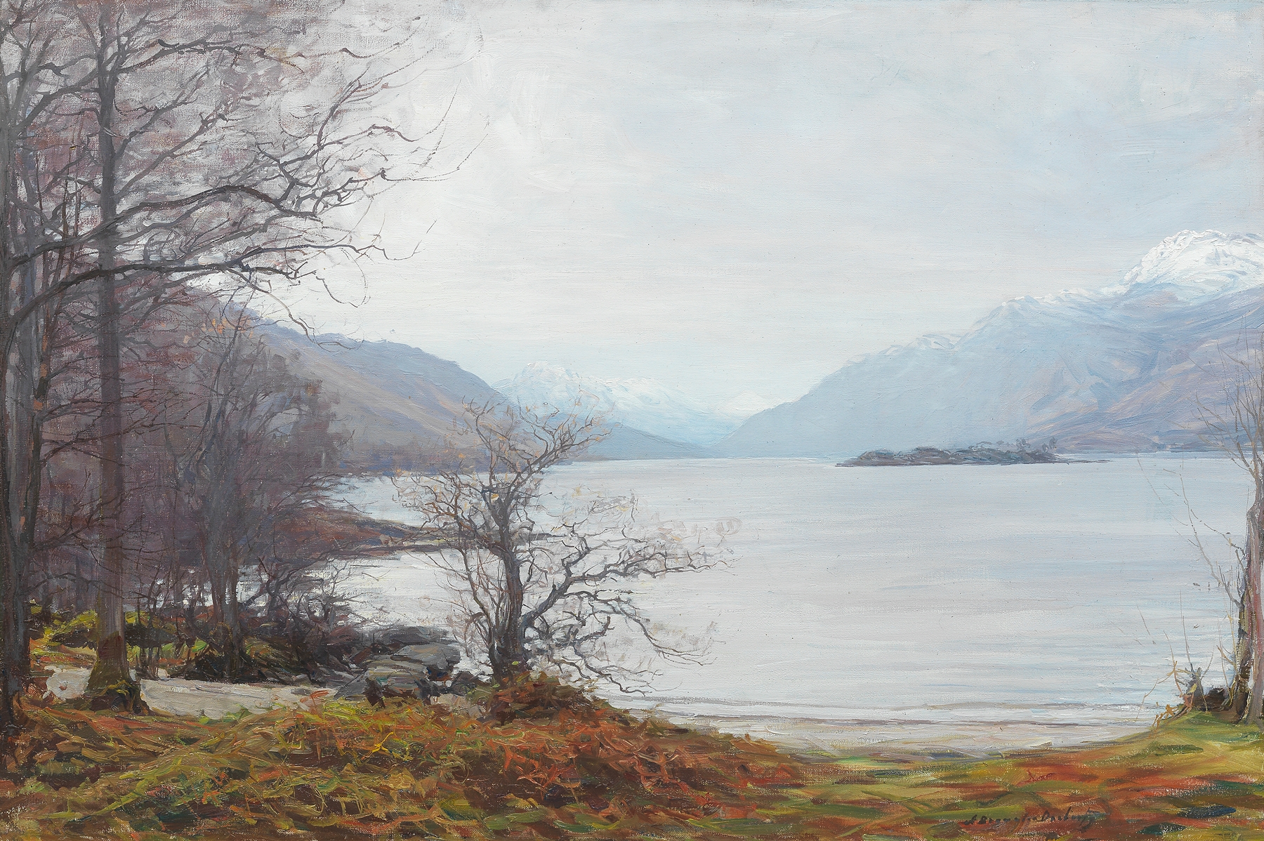 Oil painting by Alexander Brownlie Docharty depicting a highland loch with mountains and reflections.