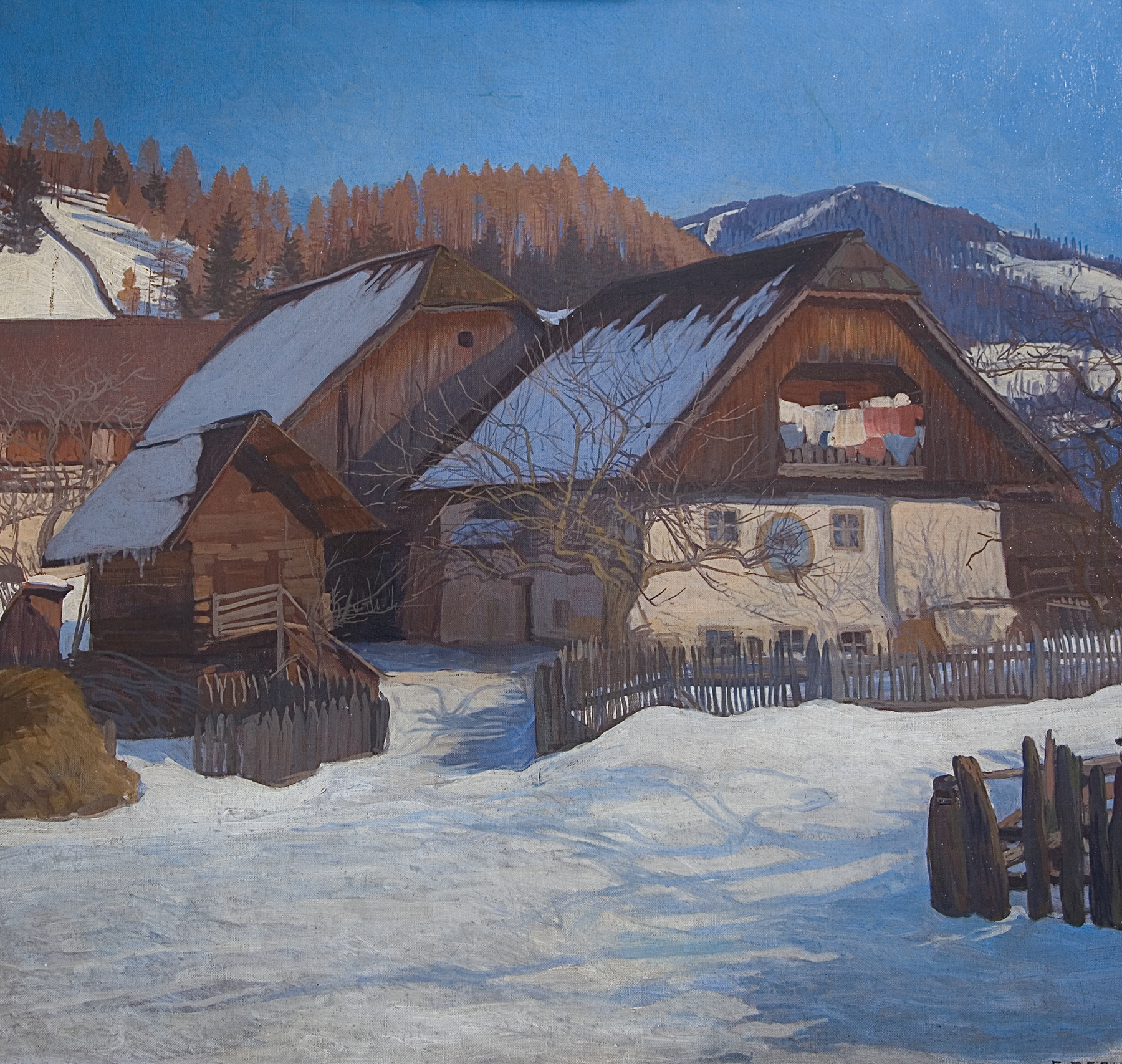 Bauernhaus by Friedrich Beck, oil on canvas depicting a farmhouse and hills.