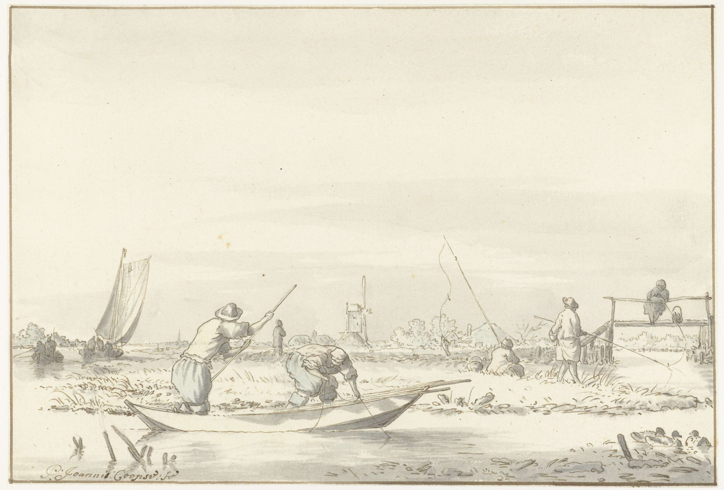 Polderlandschap met vissers by Pieter Coopse, oil painting depicting fishermen in a rural landscape