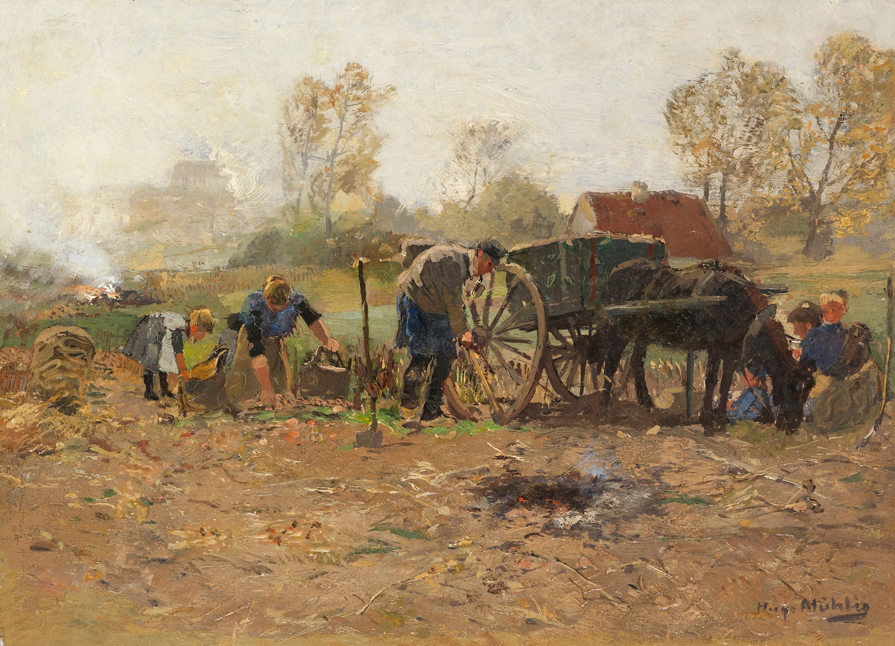 Harvest scene with figures working in a field, oil on canvas by Hugo Mühlig