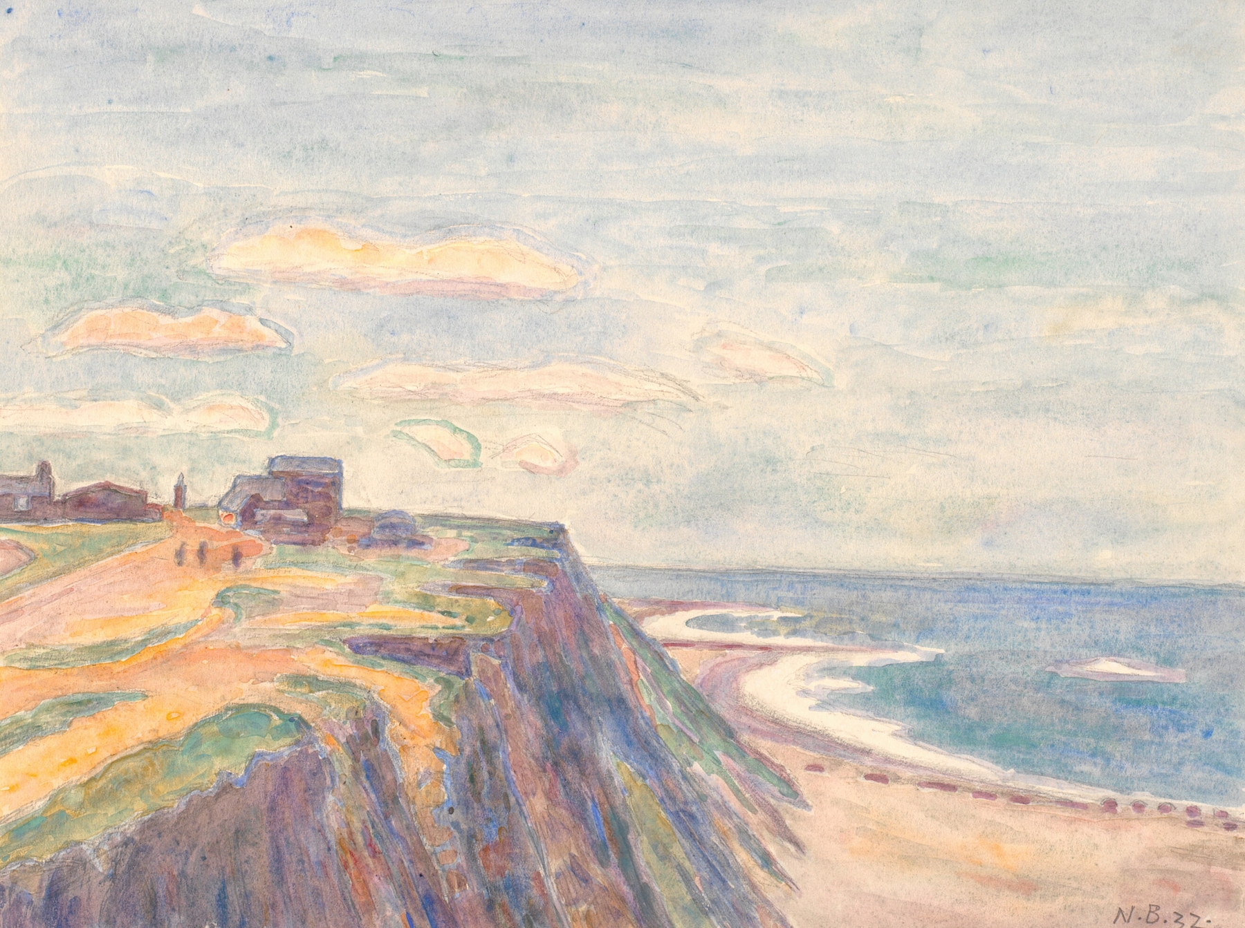 Skrænter ved Bovbjerg, oil on canvas by Niels Bjerre, featuring rugged cliffs and a muted sky.