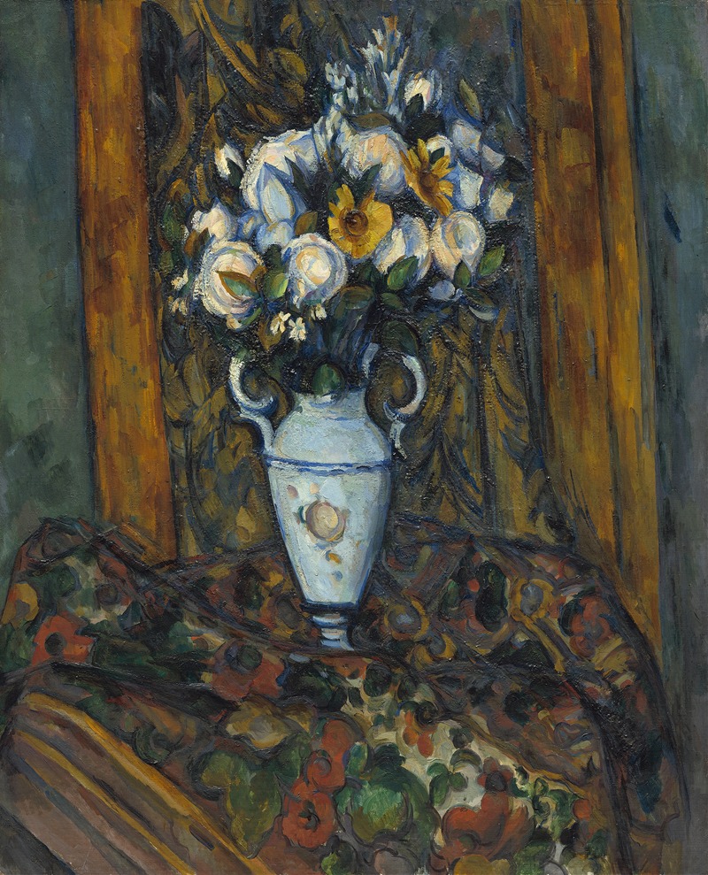 A vibrant still life painting featuring a vase filled with colorful flowers.