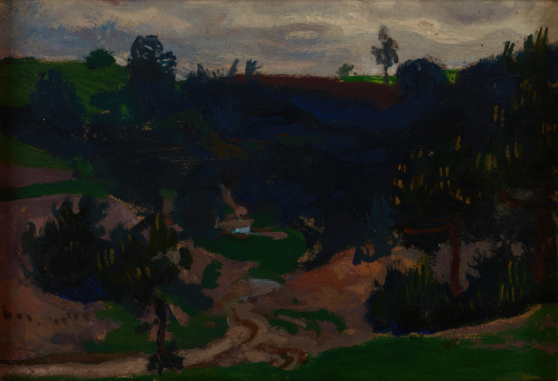 Pine-Trees by Jan Stanisławski, oil on canvas depicting towering pine trees and light filtering through branches.
