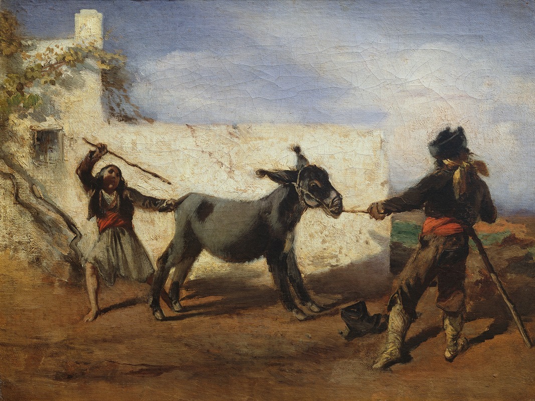 A painting depicting a stubborn donkey in a rural setting.