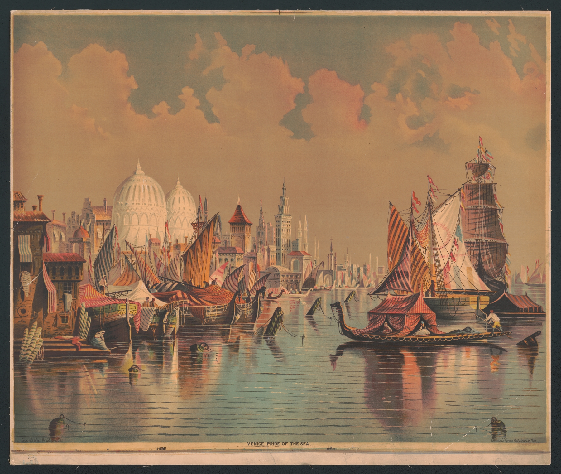 Venice Pride of the Sea lithograph by Gibson & Co. Lith showing reflections on water and architecture.