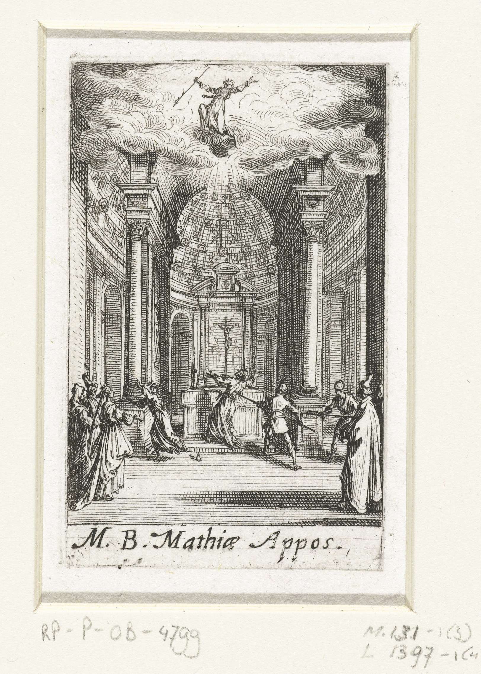 Het martelaarschap van Matthias, etching by Jacques Callot, depicting a martyr surrounded by chaos.
