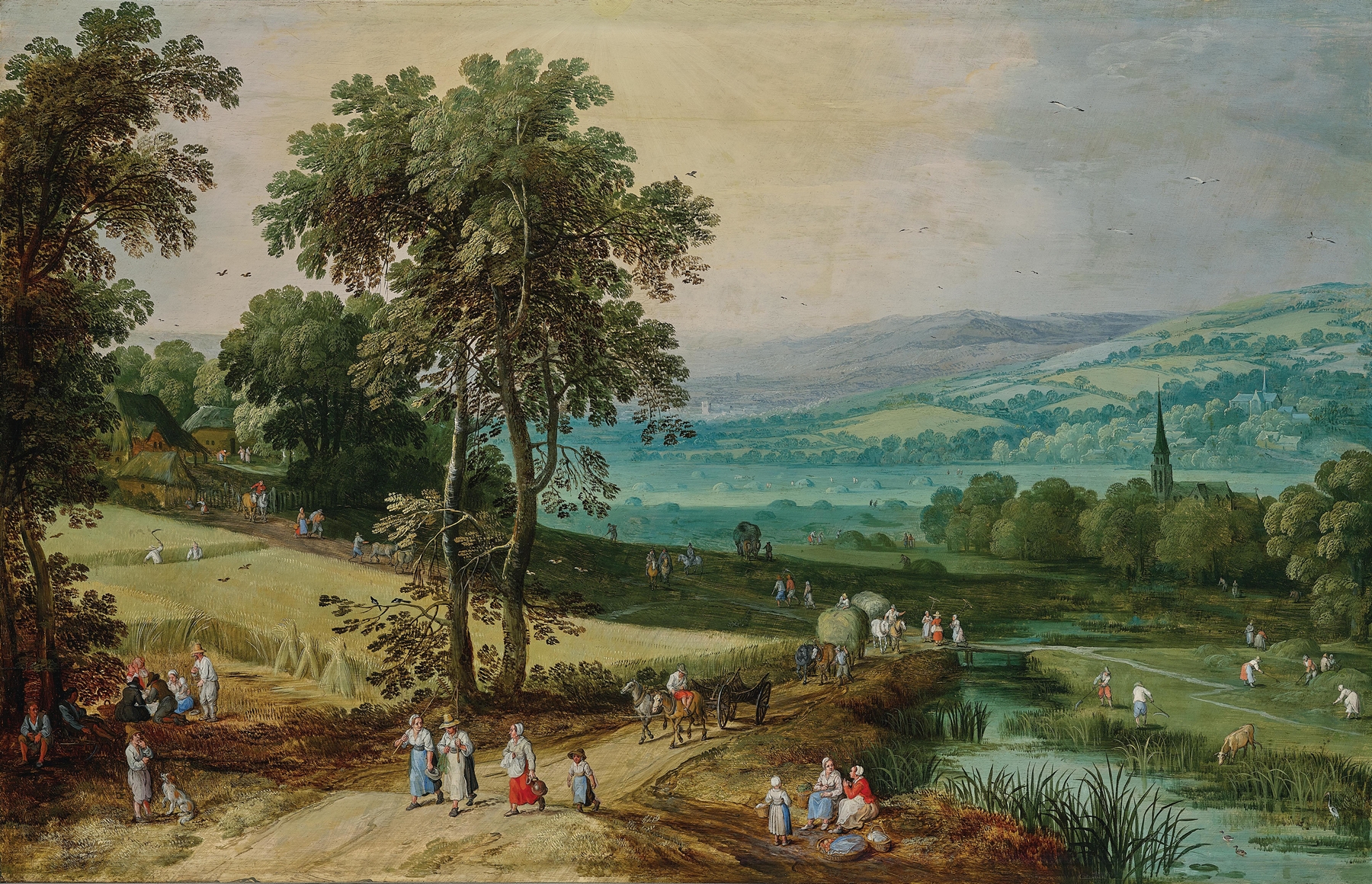 An extensive wooded landscape with travellers on a path and the corn harvest in the foreground, by Jan Brueghel the Elder, public domain