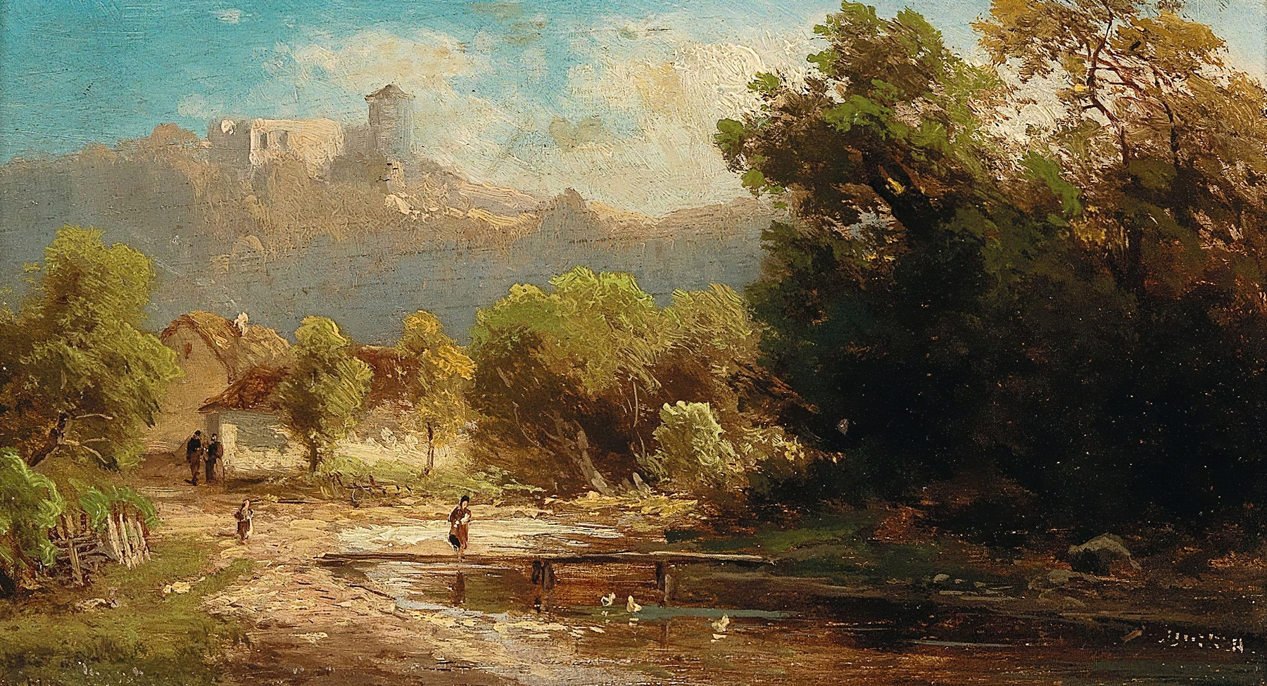 Landscape with duck pond and castle view, oil painting by Anton Hugo Ullik