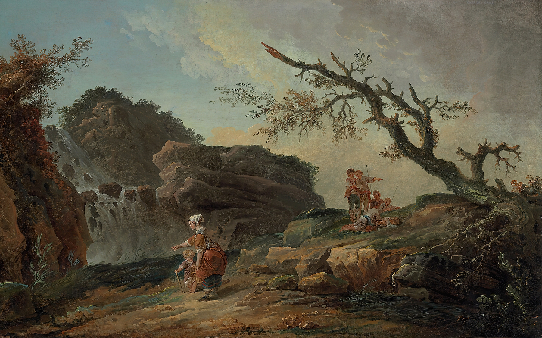Rococo oil painting by Hubert Robert, La Cascade, featuring a waterfall, peasant woman, child, and boys.