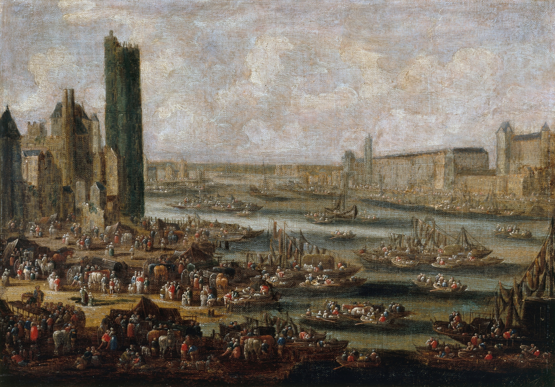 La Tour de Nesle et le Louvre by Pieter Casteels, oil painting depicting towers at twilight