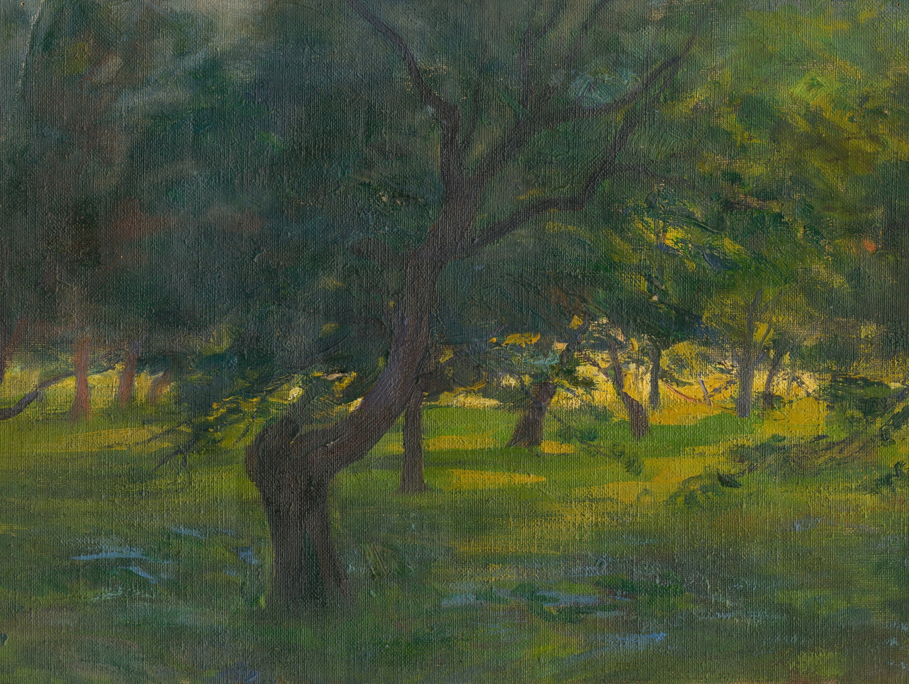 Landscape oil painting by Ľudovít Pitthordt featuring lush greenery and dappled light