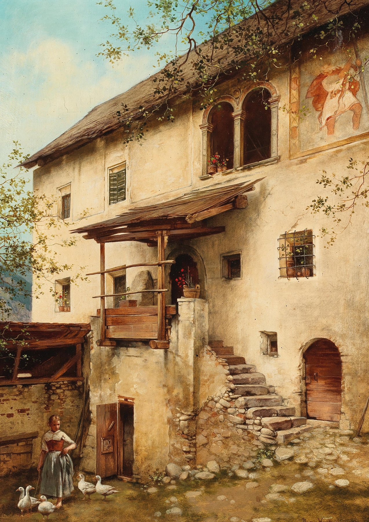 Landscape oil painting by Daniel Hock depicting a farmhouse in South Tyrol with morning light.