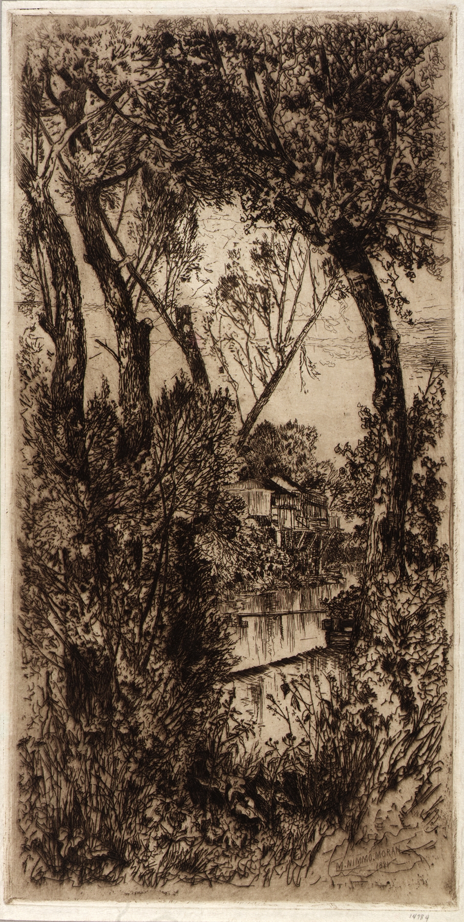 House by a Stream, oil painting by Mary Nimmo Moran, depicting a serene landscape with a house and stream.