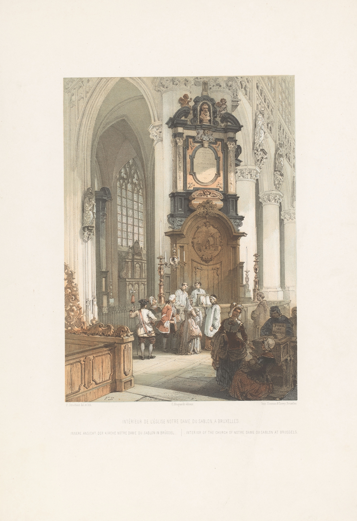 Interior of a Gothic church with stained glass by François Stroobant