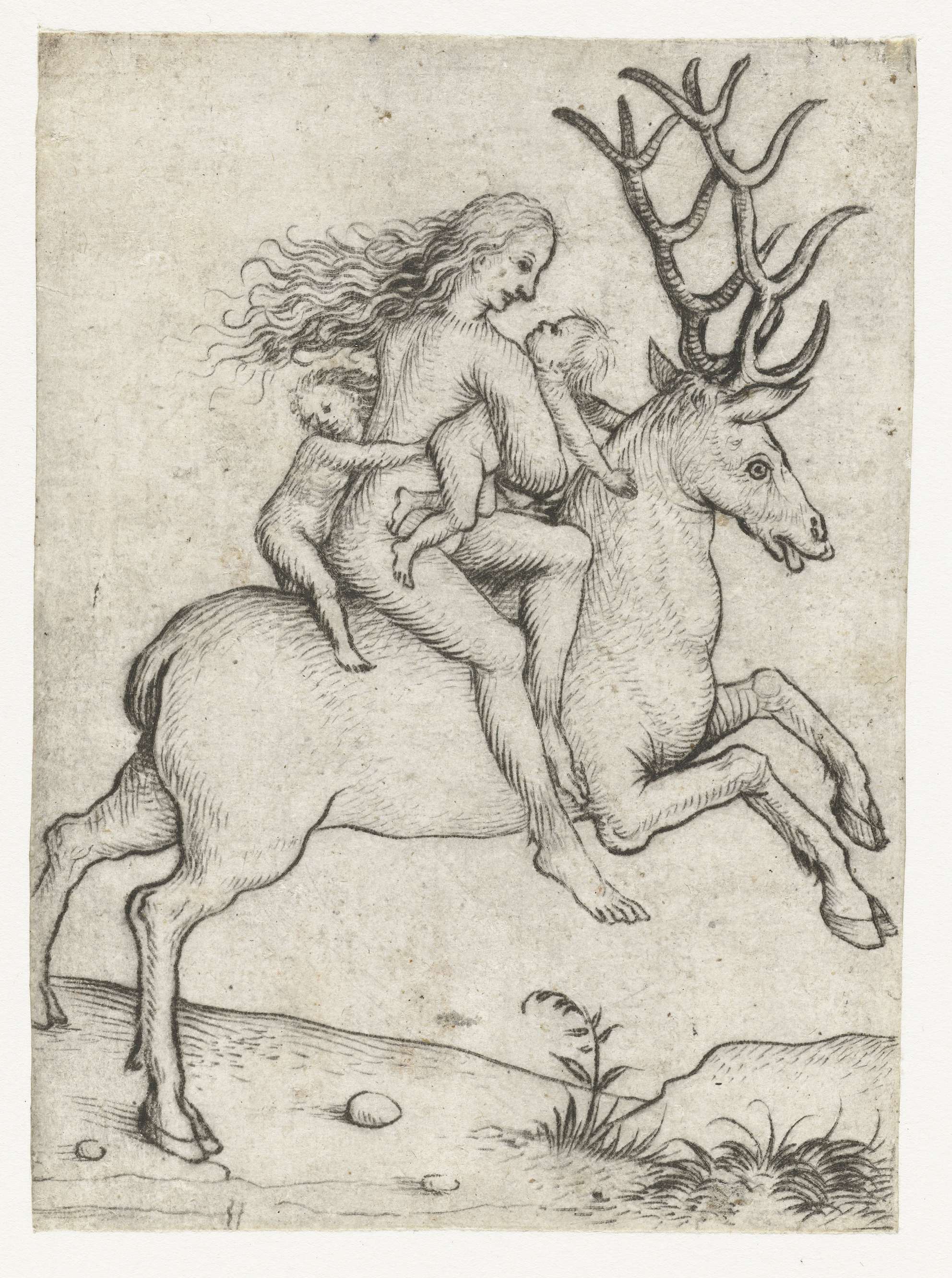 Drypoint by Meester van het Amsterdamse Kabinet featuring a woman with children and a deer