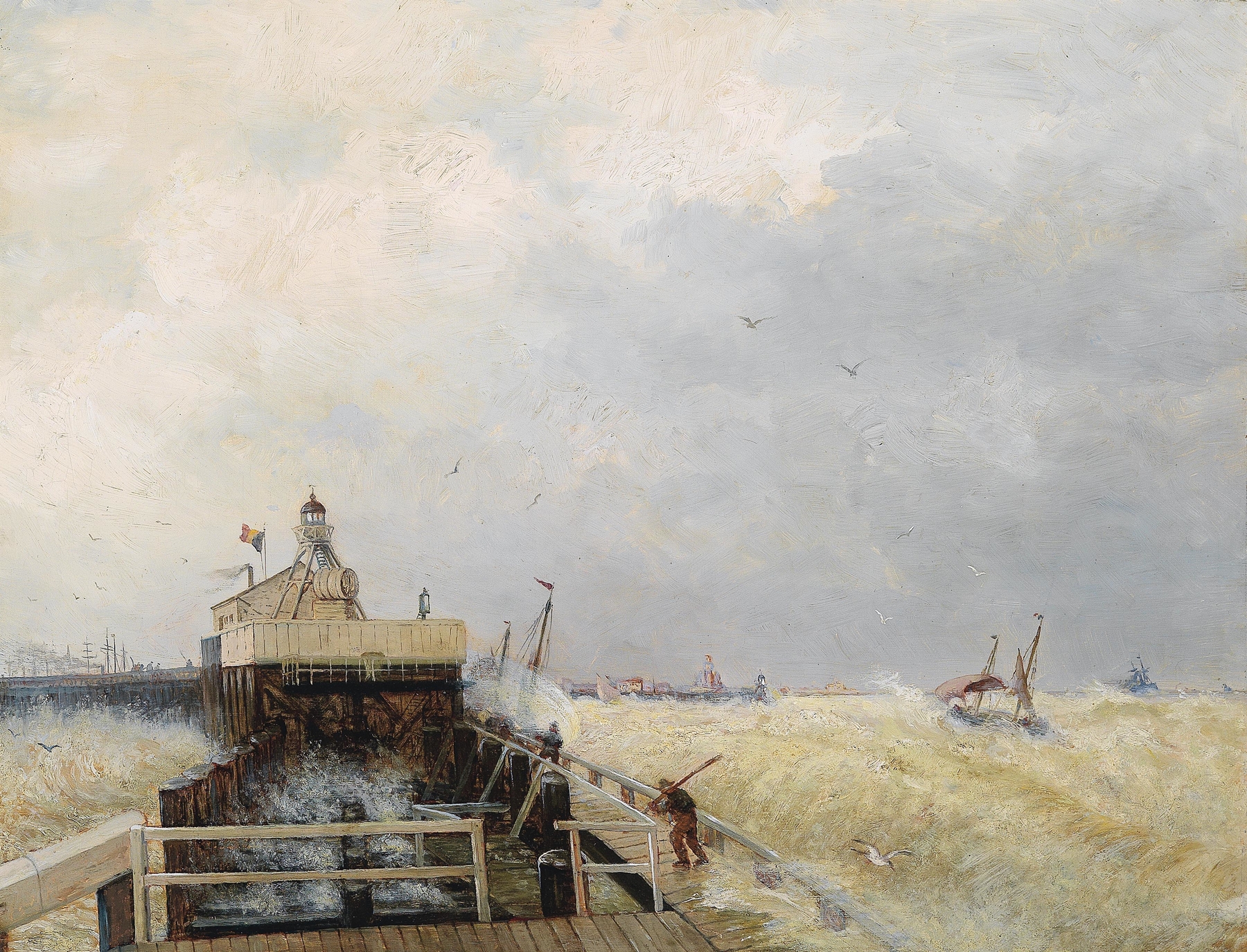 Marine scene of a harbor with sunlight, oil painting by Hermann Ottomar Herzog