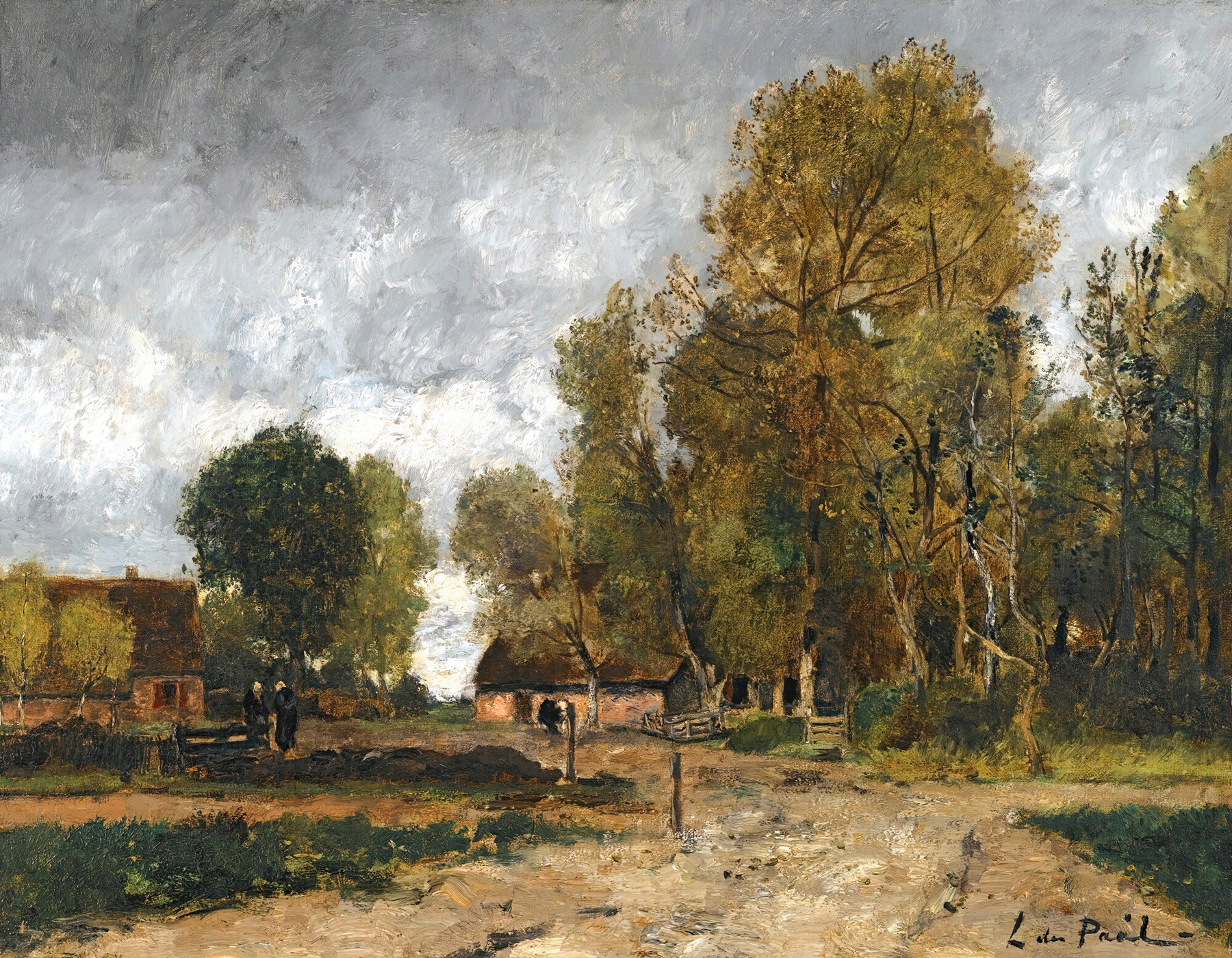 Landscape With Cottage by László Paál, oil painting of a cottage among hills in golden light.