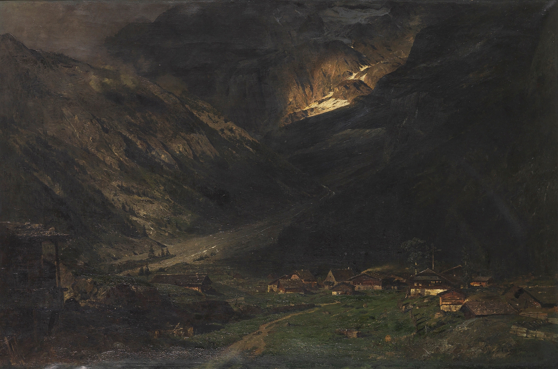Landscape by Theodor Joseph Hagen depicting a stormy sky over mountains, oil painting.