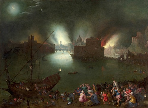 Aeneas carries his father out of burning Troy amidst chaos and flames.