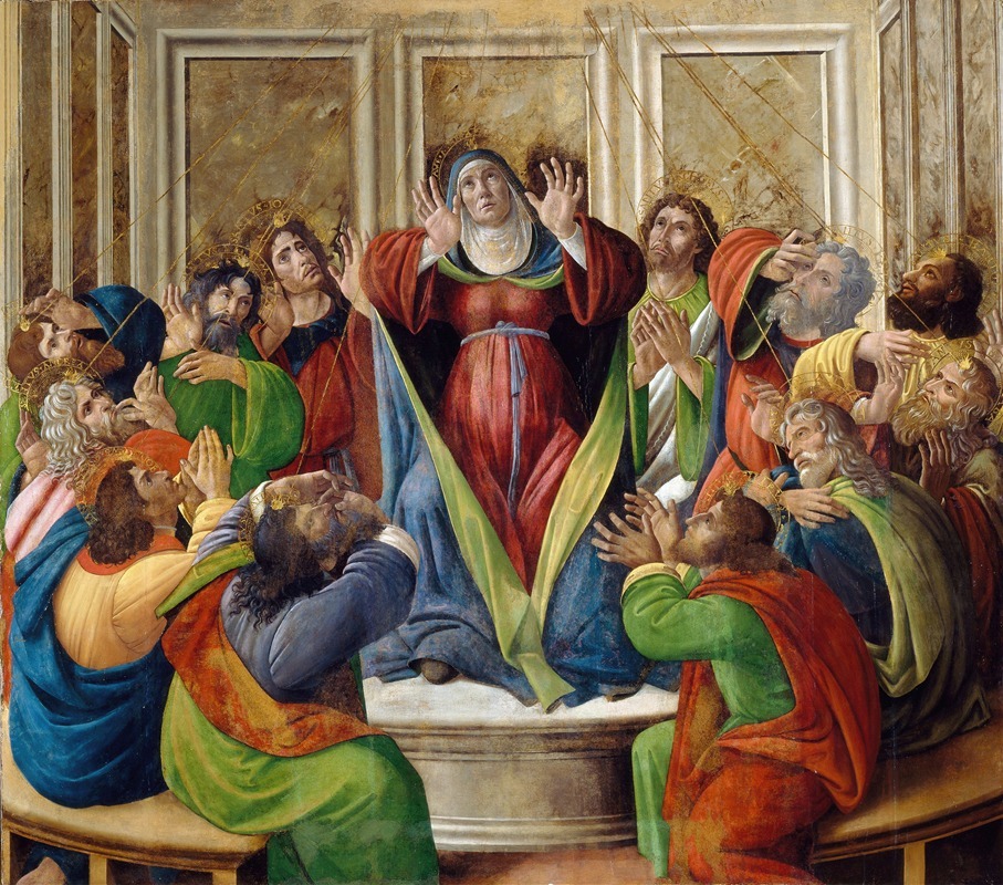 Sandro Botticelli's 'The Descent Of The Holy Ghost' depicts a divine moment with vivid colors and intricate details.