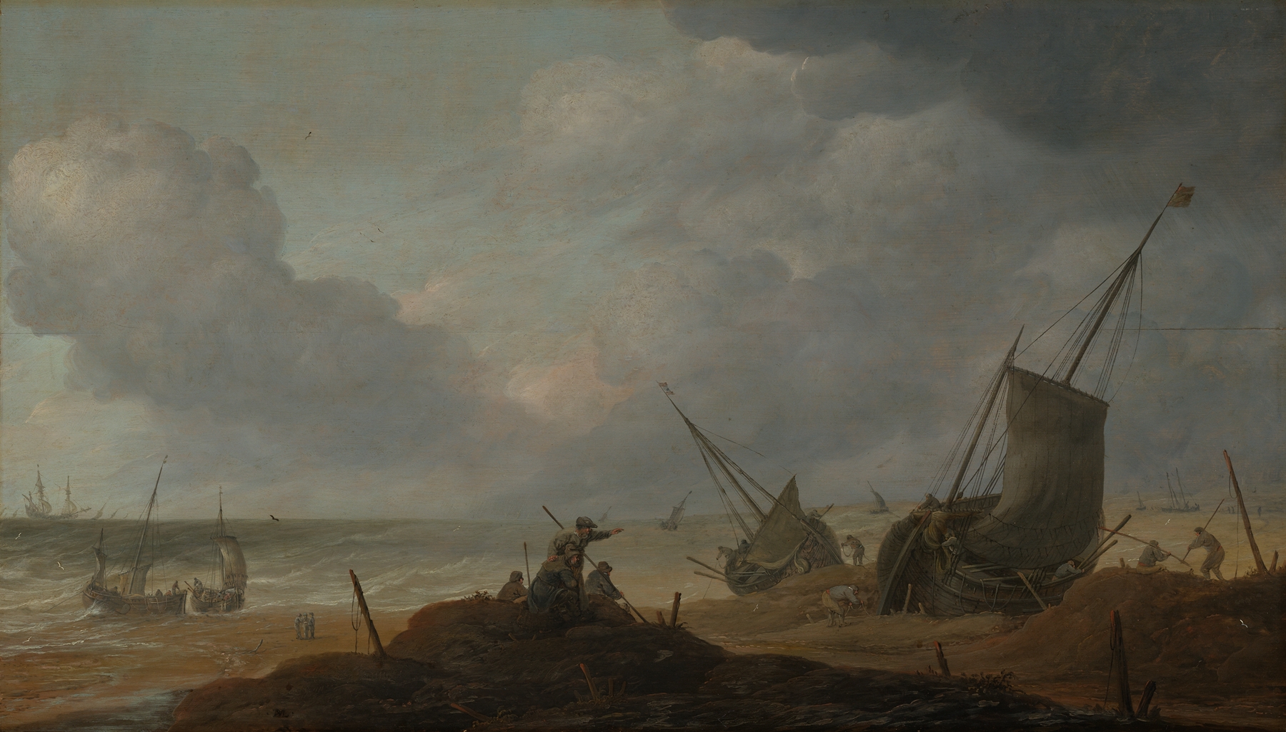 Oil on canvas by Pieter Mulier the Elder depicting a marine scene with ships and turbulent sea.