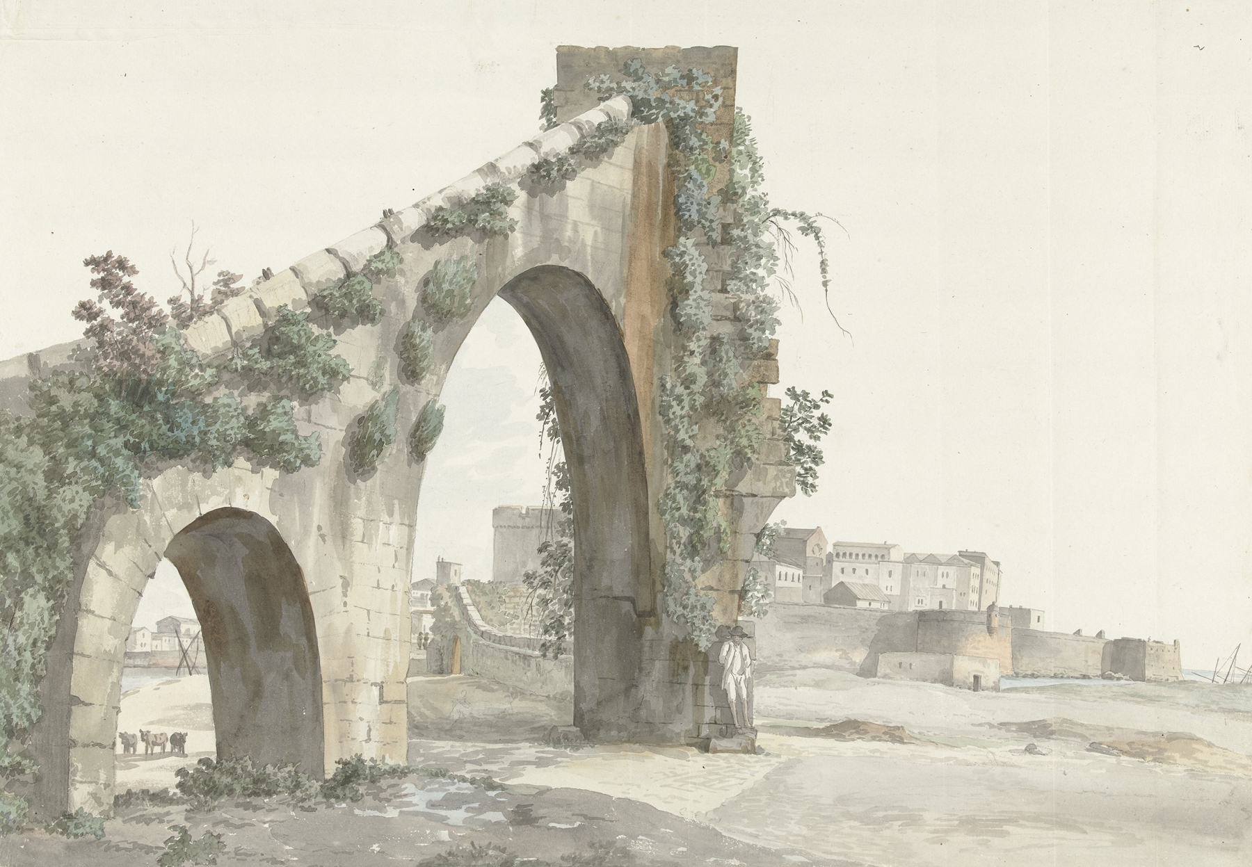 Watercolour by Abraham-Louis-Rodolphe Ducros depicting an aqueduct and city landscape.