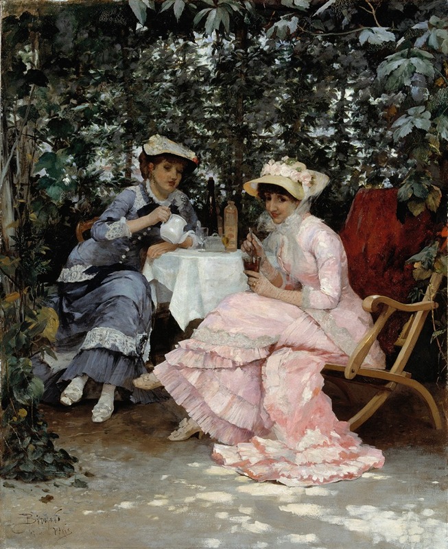 A serene scene depicting a figure sitting under an arbour surrounded by nature.