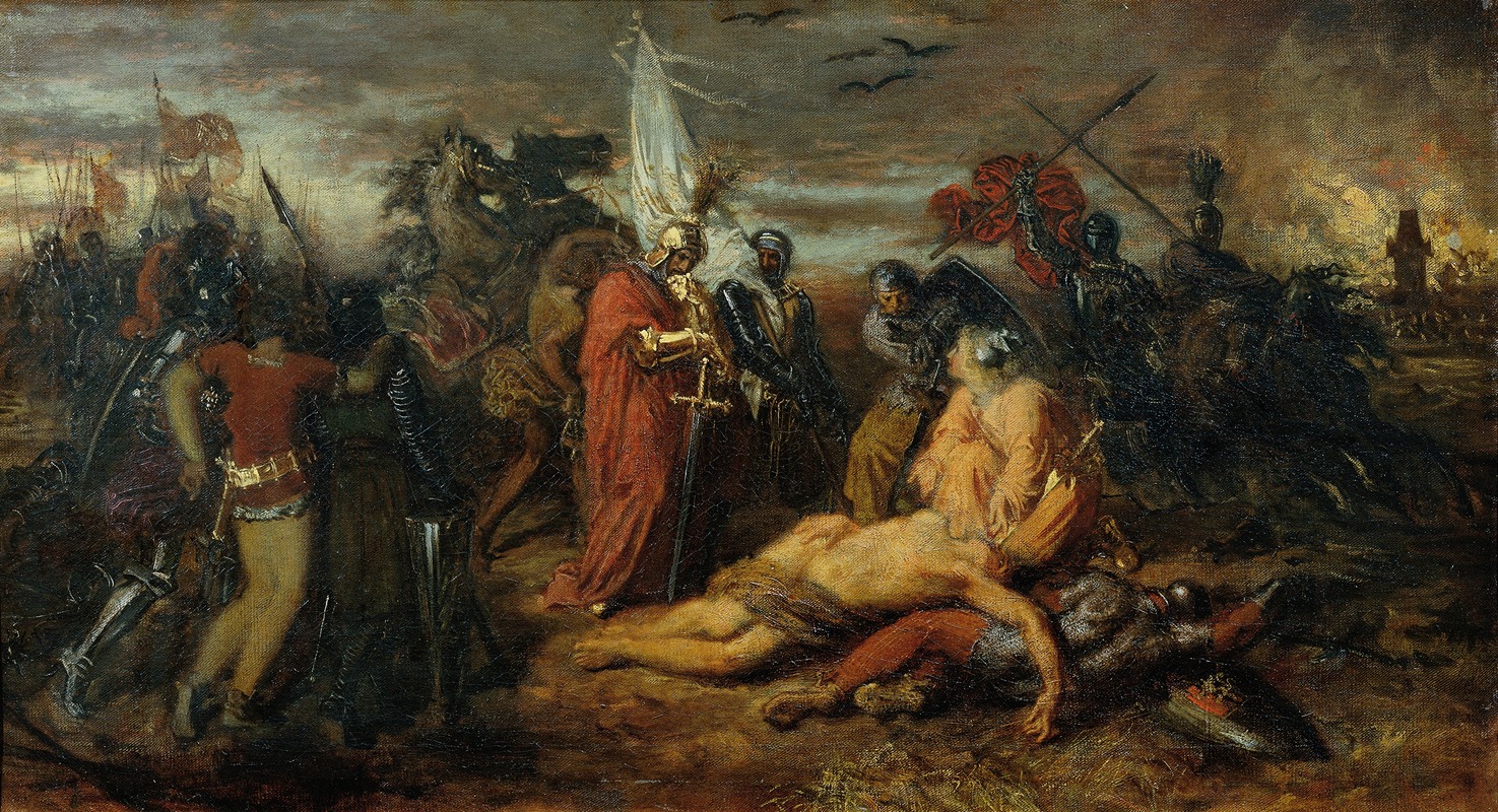 This painting depicts Rudolf von Habsburg standing over the body of Přemysl Ottokar, King of Bohemia.