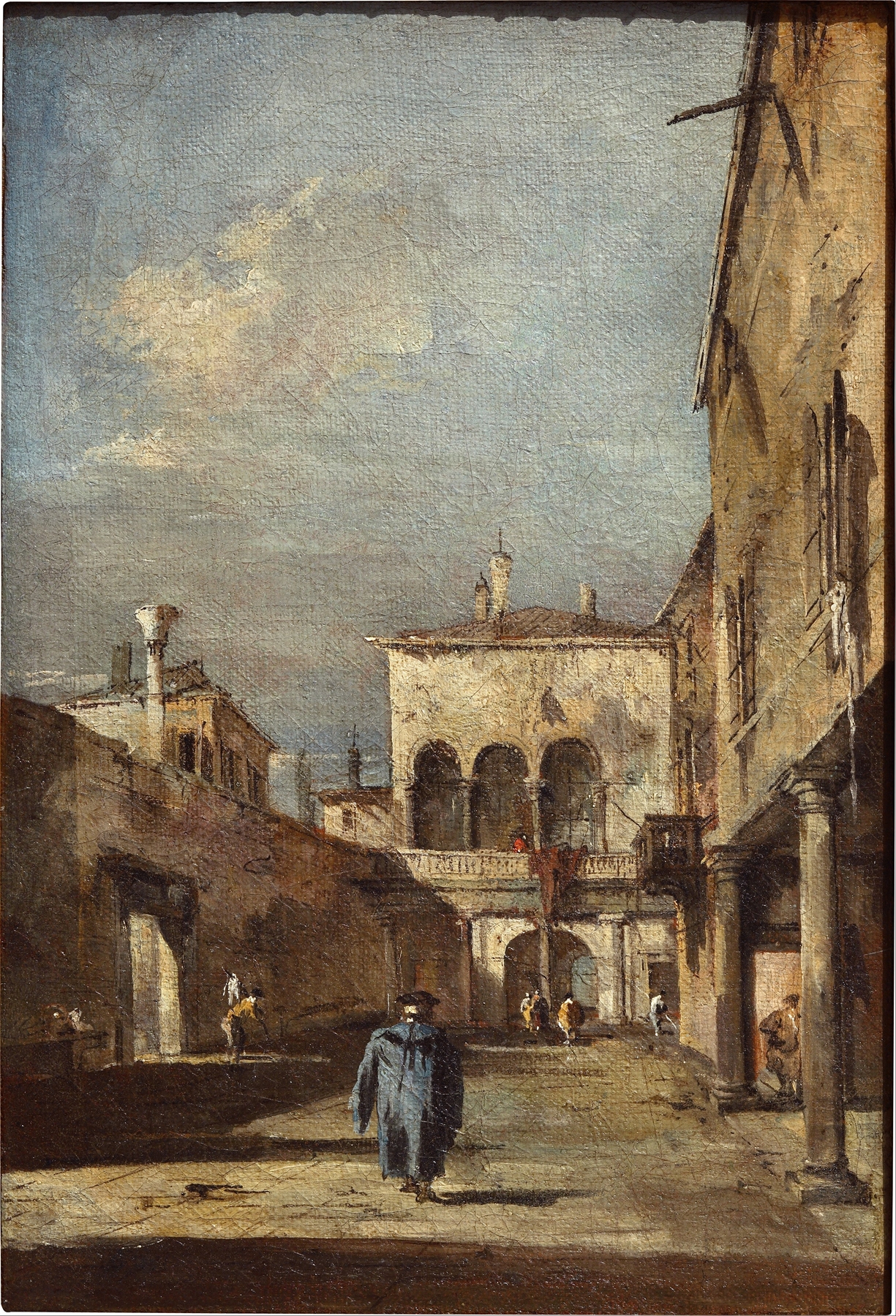 Architectural fantasy with a courtyard, by Francesco Guardi, public domain