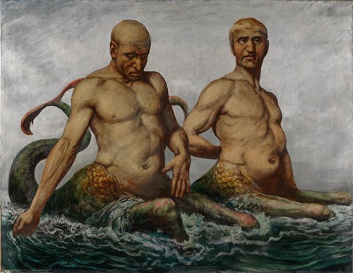 Hans Thoma's 'Meermänner' depicts mythical sea men in a vibrant underwater scene.