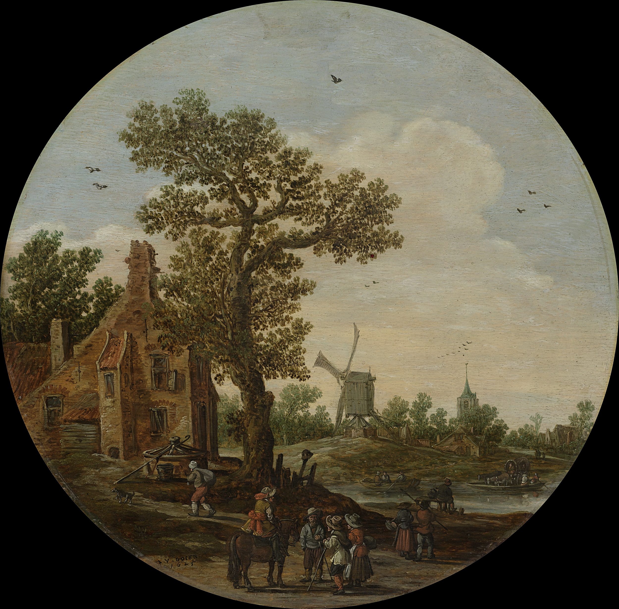 Oil painting by Jan van Goyen depicting a village landscape with a river in summer