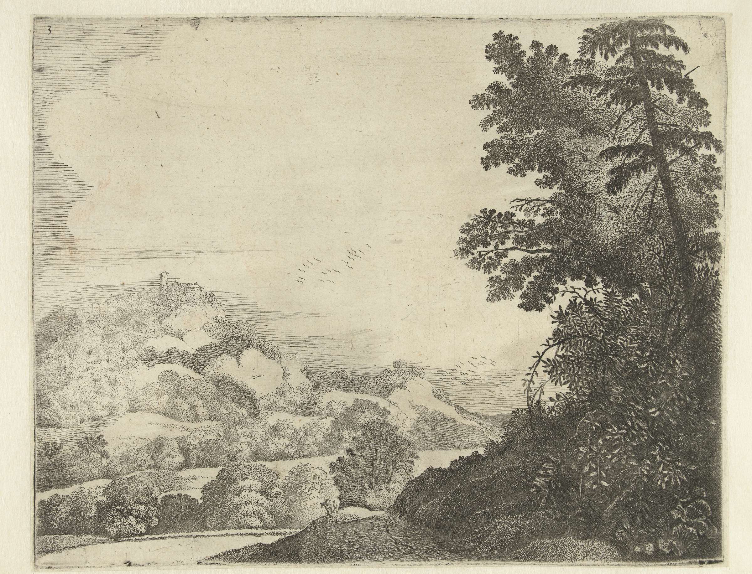 Landschap met schaap op heuvel en bomen, etching by Jan van Brosterhuyzen, depicting a sheep on a hill with trees.