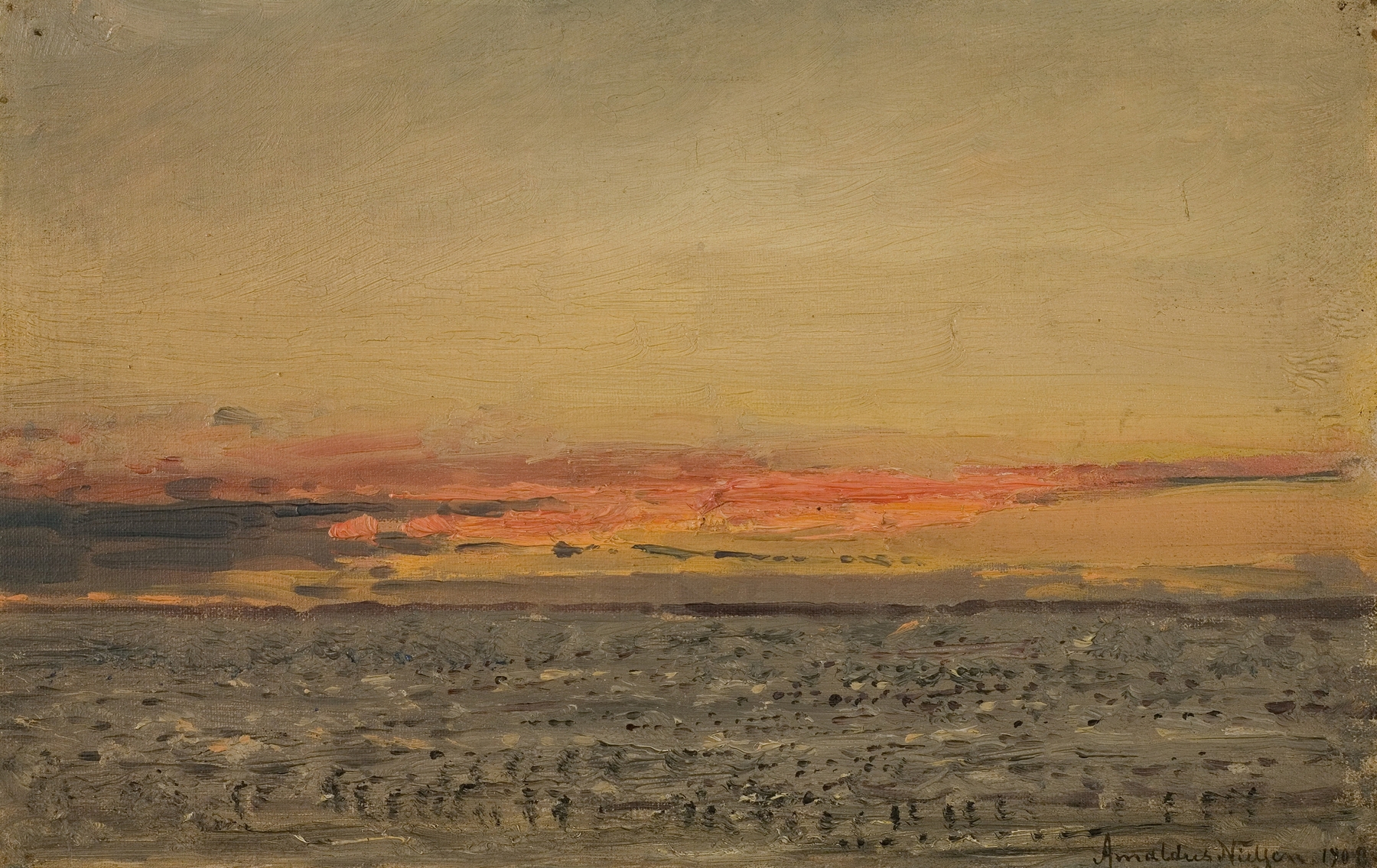 Oil painting by Amaldus Nielsen depicting a fjord with rolling hills and morning mist